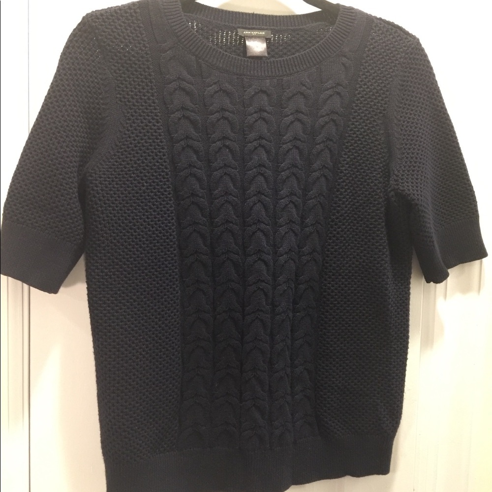 Ann Taylor Navy Blue CableKnit shortsleeve sweater